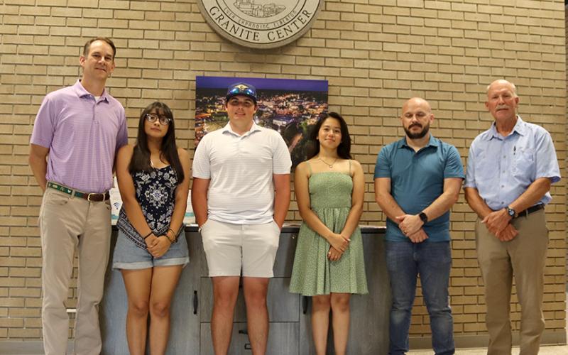 Meeting at City Hall for the 2024 Sister City Exchange proclamation issued June 14 are (L-R) Mayor Daniel Graves, Naomi Bernal, Walker Lane, Daniella Alcade, Dustin Ayers and Chairman of the Elberton Sister City program Tom Evans. (Photo by Weeks)