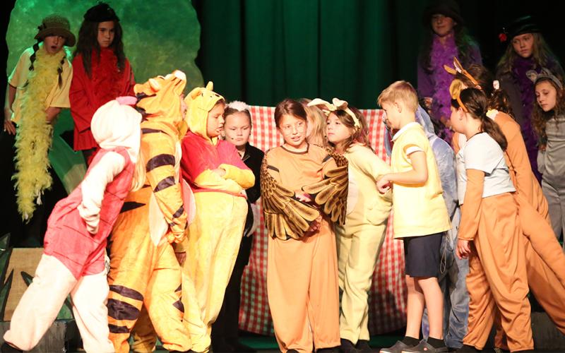 Pooh and the gang celebrate finding Christopher Robin by performing "Hip Hip Pooh Ray"  during the Elbert Theatre's July 12 Summer Youth performance of "Winnie the Pooh Kids." Featured are (L-R)Natalie Curlee, Rease McElroy, Madden Turner, Eloise Hardy, Mason Wells and Aspen Wright. (Photo by Wells)