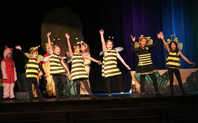 Bees Cora Mobley, Bria Dickerson, Tess Walker, Avery Algood, Lydia Harris and Zoe Gilmore perform “Honey” during the Elbert Theatre’s Summer Youth performance of Winnie the Pooh Kids July 12 at the Elbert Theatre. (Photo by Wells)
