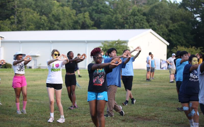(L-R) Monroe Chastain, Ke’Miyah Teasley, Heaven Robinson and Hamilton Duong practice marching during the Elbert County Blue Devil Band’s annual band camp July 16. (Photo by Wells)