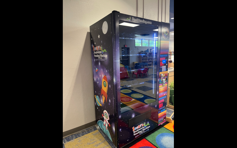 The L4GA book vending machines, like this one at Elbert County Primary,  will be filled and ready to go on the first day back to school. (Photo by Wells)