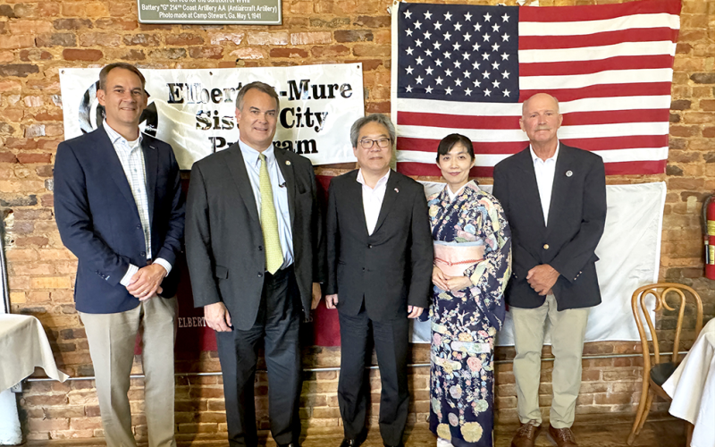 (L-R) Elberton Mayor Daniel Graves, Representative Rob Leverett, Consul General of Japan Mio Maeda, his wife Mio Yamamoto Maeda, and Sister City Director Tom Evans attended the Sister City Farewell banquet at McIntosh Coffee Shoppe Tuesday, July 30 along with the program participants. (Photo by Evans)