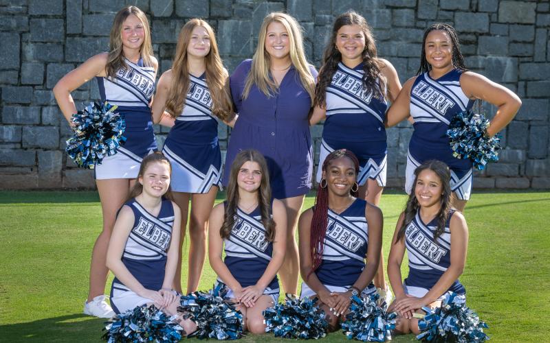 The 2024 Elbert County Junior Varsity Football Cheerleading squad includes (front row, L-R) Ashton Dorsey, Bethany Burden, Jocelyn Greene, Isabel Cruz and (back row, L-R) Madison Dye, Katelynn King, Coach Chloey Davis, Sara Kate Hover and Allie Stephens. (Photo submitted by Mercer Harris Photography)