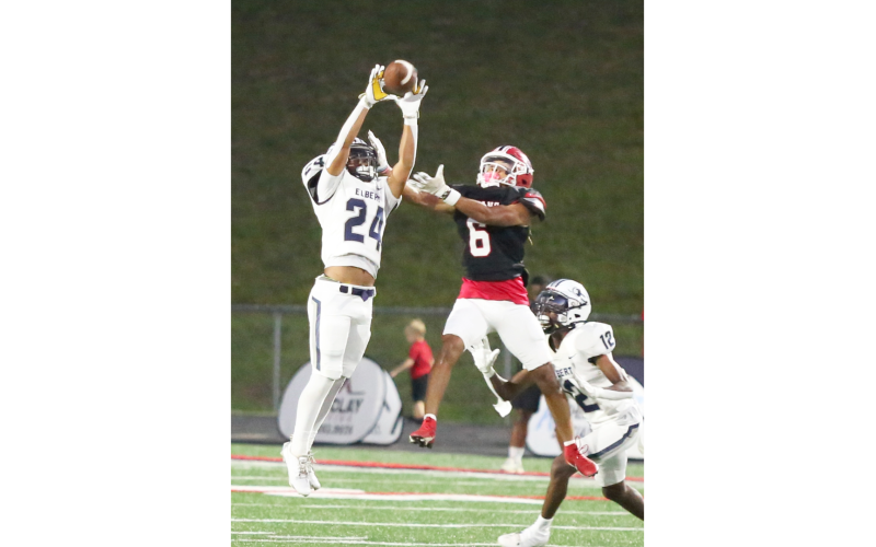 No. 24 Jose Rodriguez times his jump perfectly and intercepts a Stephens County (Photo by Wells)
