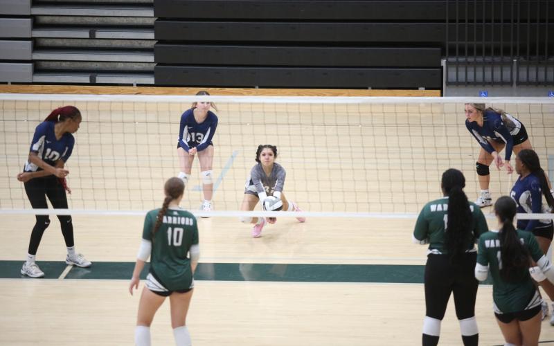 Lindsay Castro makes a leaning bump during Elbert’s match against Walnut Grove Aug. 29. (Photo by Wells)