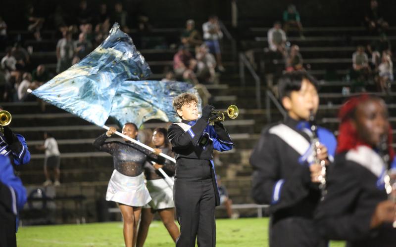Jibril Englehardt performs during the Blue Devil Band’s halftime show. (Photo by Wells)