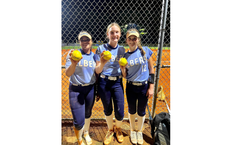 Ky Dubose, Audrey Lunsford and Emily Booth pose with their home-run balls after beating Commerce on the road by a score of 8-7 Sept. 19. (Photo by Bethany Booth - Elbert County True Blue)