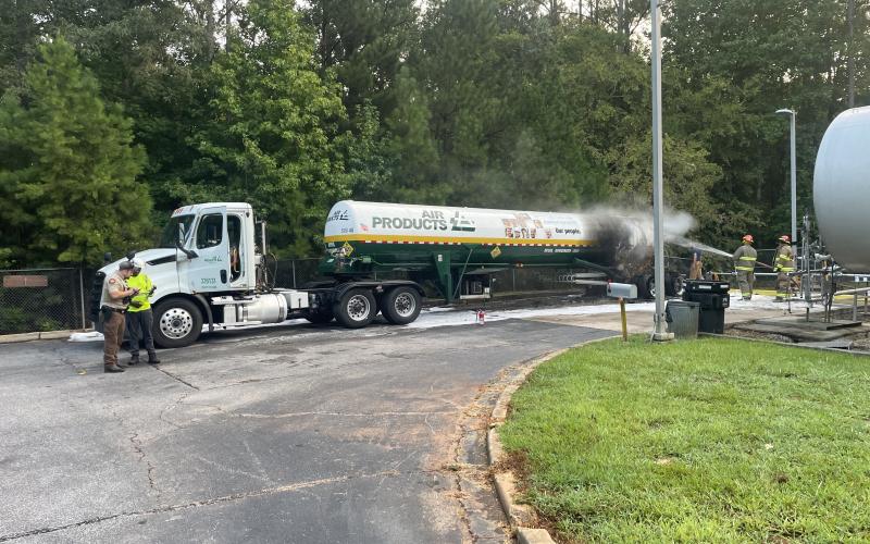 Multiple fire departments and agencies responded to a fire involving an Air Products tanker truck delivering liquid oxygen to the Richard B. Russell Dam oxygen site on Moonlight Drive. (Photo submitted by Nelson Vickery)