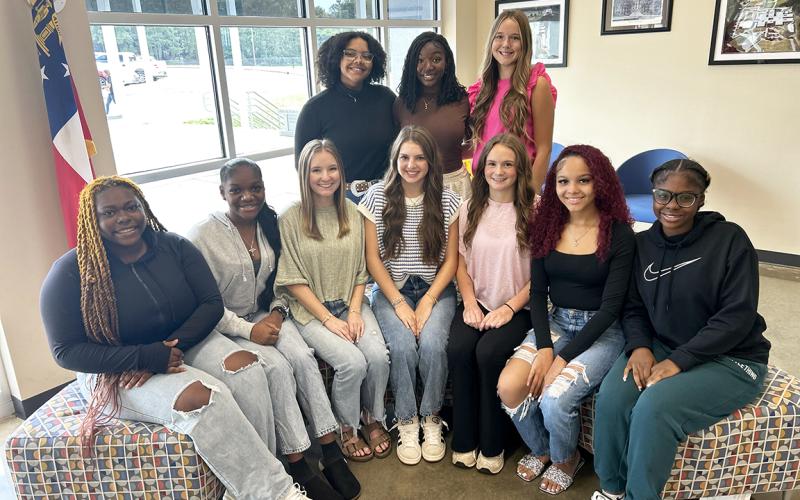 Senior court representatives (front row L-R)  Car'lexia Ardister, Zacheonna Tate, Tori Jarvis, Hannah Brady, Emily Booth, Keonna Johnson, Heaven Robinson. (Back row) Zuri Reid (junior class), Jurnee Porter (sophomore class) and Ella Harris (freshman class). (Photo submitted by Jeannie Jourolmon)