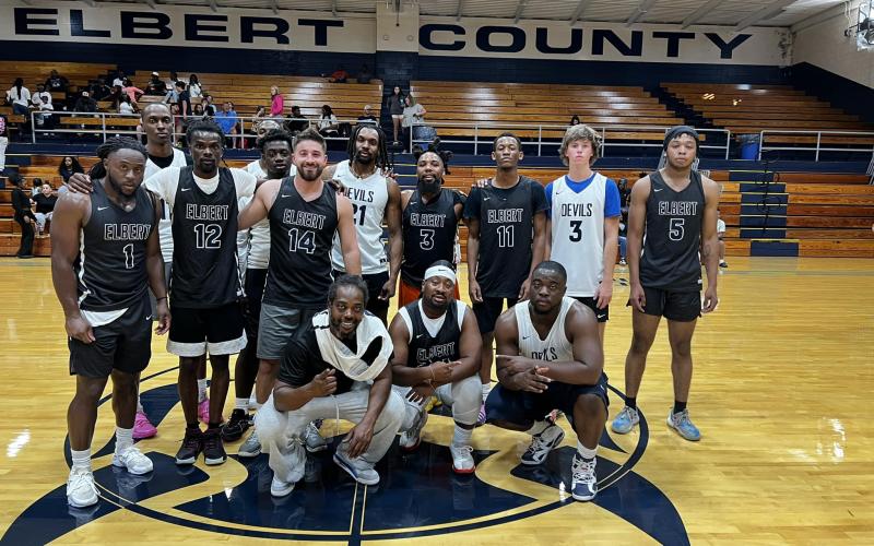The Blue Devils Alumni team included Ira Robinson, A.J. James, Randy Jones, Tyheem Newman, Brayden Eavenson, Chaio Winn, Tarveil Fortson, Keenan Umble, Tyrone Turman, Landon Hill, Bob Thomas and Korbin Eberhardt. (Photo courtesy of Elbert County True Blue)