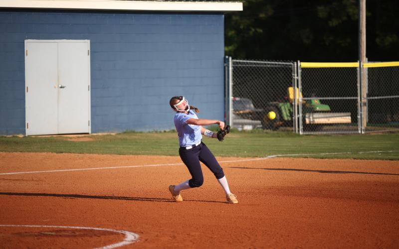 Ansley Harris turns and throws over to second base during the win over Barrow. (Photo by Mark Wells)