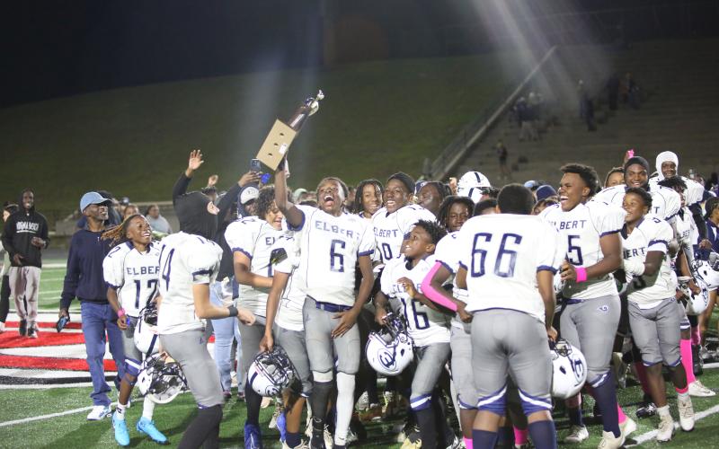 The Elbert County Middle School Rams celebrate their 28-21 win over the Stephens County Indians  Thursday, Oct. 17 in Toccoa. (Photo by Wells)