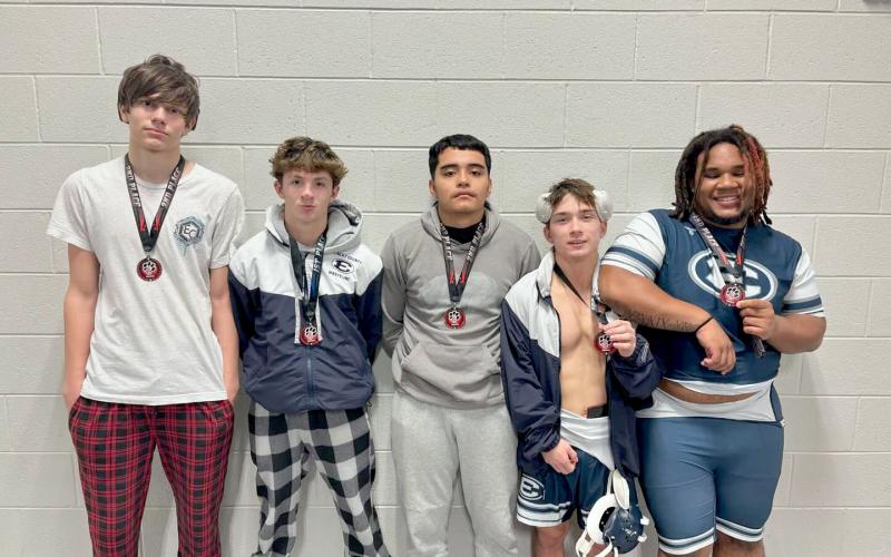 Hudson Fleming, Lane Fleming, Alvin Medellin, Cruz Floyd and M.J. Cook placed at the Panther Scramble hosted by Jackson County Nov. 9. (Photo courtesy of Elbert County Blue Devil Wrestling)
