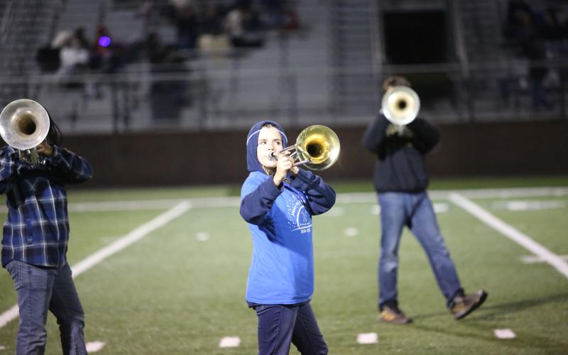 Kinsley Anders plays the trombone during Elbert’s halftime show in Chickamauga Nov. 15. (Photo by Wells)