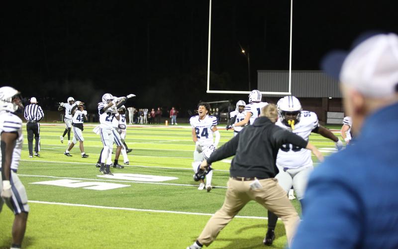 Senior José Rodriguez celebrates the Blue Devils' win against Heard County High School Friday in Franklin. Rodriguez plays defensive back for the Blue Devils. (Photo by Wells)