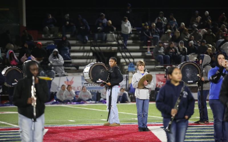 Nadia Hughes performs alongside the drumline during Elbert’s loss to Toombs County Nov. 29. (Photo by Wells)