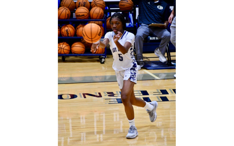 Aaliyah Allen passes the ball upcourt during Elbert’s 54-23 win over Hart County. (Photo courtesy of Elbert County True Blue)