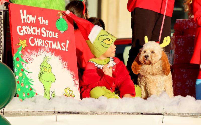 Dakota Johnson and "Max" represent "How the Grinch Stole Christmas," one of many "stories" featured on Dewy Rose Baptist Church's first place  parade entry in the annual Elberton Christmas parade held Dec. 8. (Photo by Weeks)