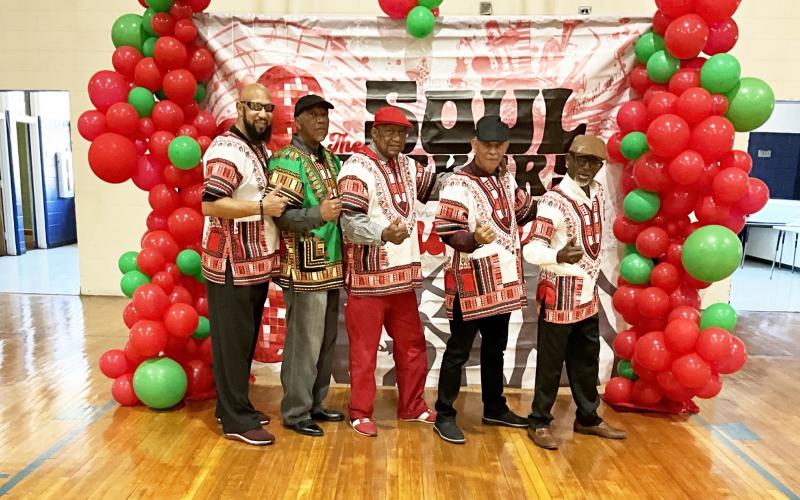 Shown are (L-R) Anthony Hunt (Satch), Gene Allen (Skip), Jack Haley (Halo), Mack Lewis and  Lynn Stowers (Blind). Former members not in attendance were Timothy McLendon,  Magnolia Johnson, Leslie Davis, James Burton and Darrell Milligan.