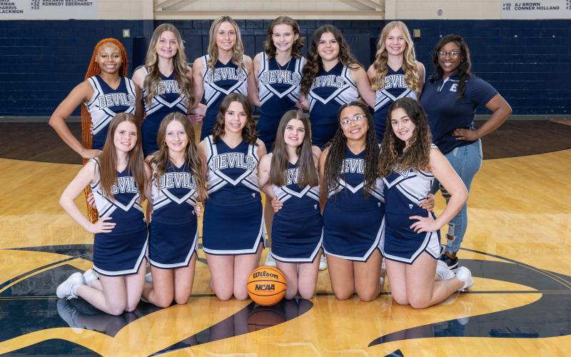 The 2024-2025 junior varsity basketball cheerleading squad includes Madelyn Adamson, Caraleigh Brown, Carlee Brown, Bethany Burden, Erica Christian, Isabel Cruz, Ashton Dorsey, Madison Dye, Kaitlyn Hester, Sara Kate Hover, Katelynn King, Makayla McKnight, Amelia Phillips and Allie Stephens. The squad is coached by Head Coach Jalien Strong. (Photo by Mercer Harris)