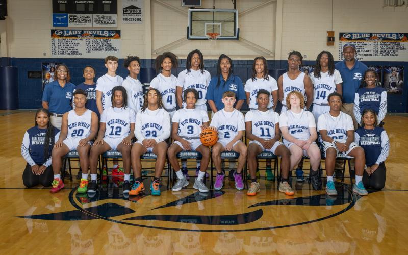 The 2024-2025 Blue Devils junior varsity basketball team includes Brant Brown, Dakota Toole, Elijah Gaines, Antonio Brown, Antaveon Rucker, Kadin Burton, Tyler Turman, Exavier Jones, Jaylin Morrison, Zaylen Moon, King Wright, Camren Johnson, Kentorious Alston, Christopher Dennis and David Rayton. The team is coached by Colbi Murray, Shamiya Brown and Anthony Brown (Photos by Mercer Harris)