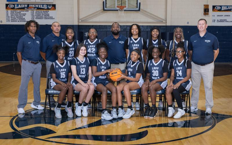 The 2024-2025 Lady Devils junior varsity basketball team includes Anaja Banks, Lakeria Bradley, Trinity Allen, Jazmin Brown, Kendall Hudson, Deshayla Jackson, Shamya Davis, Trania Skelton, Traniya Blackwell, Ah’Rayah Odom, JaMiyah Hester and Chasity DeJesus. The team is coached by Head Coach Josh Jones and Assistant Coaches Donald Bolton, James Allen and Sonee Bennett. (Photo by Mercer Harris)