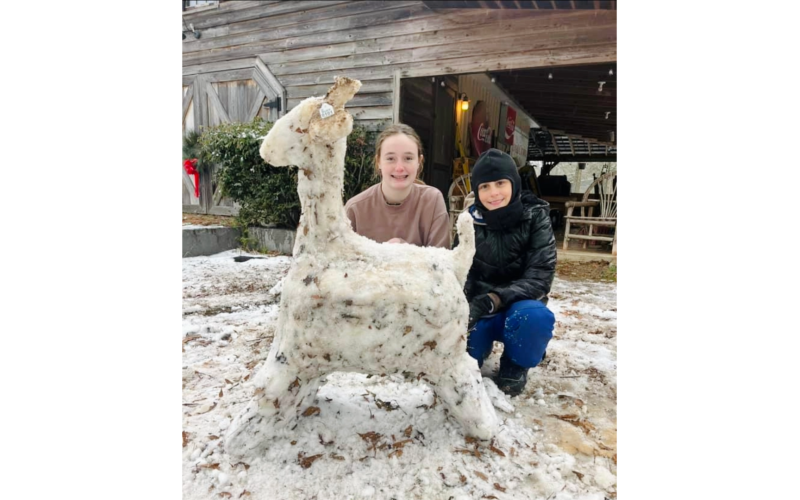 Kylie and Kade Ruff build "Show Goats" out of snow in Nickville. (Photo submitted by Tami Ruff)