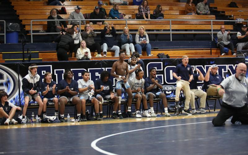 (L-R) Bry Harper, M.J. Cook, Jayden Thompson and Kingston McIntosh celebrate after their teammate pins his opponent during Elbert's 81-0 win over Fannin County in the Area 8A Dual Championships in the Inferno Jan. 9. (Photo by Wells)