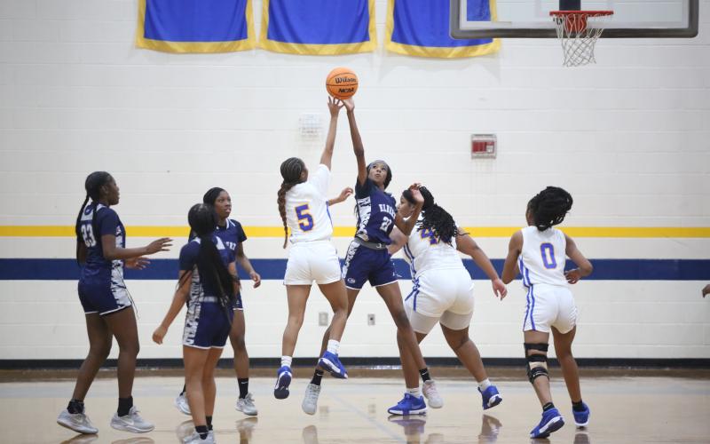Ciara Rucker reaches up to block an attempted floater by a Warren County guard. (Photo by Wells)
