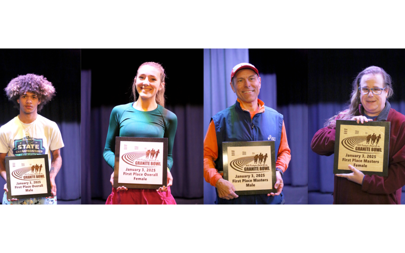 (L-R) Adam Miles was the male first-place overall finisher with a time of 18 minutes and eight seconds, Caleigh Munro was the female first-place overall finisher with a time of 22 minutes and five seconds, David Johns was the male first-place masters finisher with a time of 21 minutes and seven seconds and Rikki Spalding was the female first-place masters finisher with a time of 30 minutes and 27 seconds. (Photo by Wells)