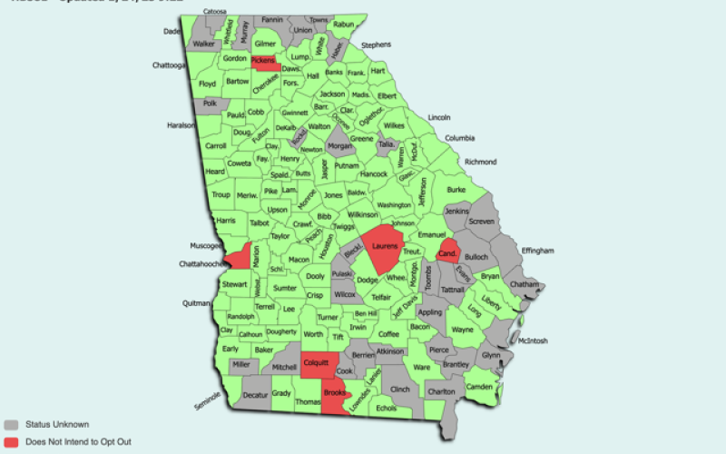 As of Jan. 24, counties in green were holding pubic hearings to opt out of House Bill 581, while counties in red were choosing to opt in. The status of counties in gray was unknown at the time this graphic was produced. (GRAPHIC COURTESY OF JAKSON HENSLEY / BARROW COUNTY SCHOOLS)