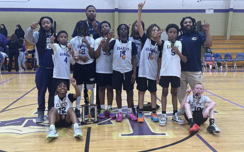 Elbert County's 12U all-stars include Kolby Allen, Brantley Almond, Chasten Belcher, Quanathan Billings, Anthony Heard Jr., Patrick Huff, Avery Langston, Damoni Thomas, De'Kobe Williams and Kadeem Williams. The team is coached by Head Coach Rod Rucker and Assistant Coach Jamal Willis. (Photo submitted by Stephanie Almond)