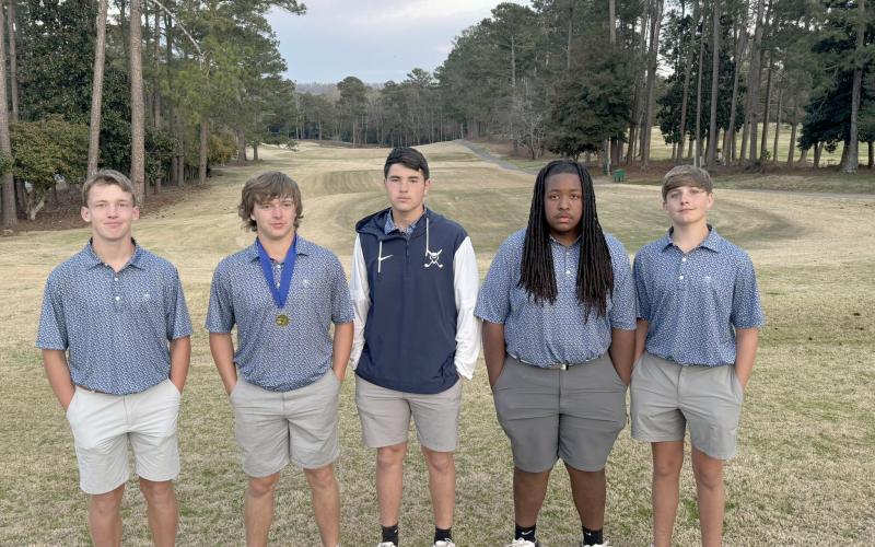 Madden Drake, Kale Kurtz, Nolan Henderson, Caleb Burton and Carson Amabile finished sixth out of 21 teams at the West Georgia Invitational in LaGrange March 8. Kurtz finished with the sixth-lowest score of the tournament and was selected for the All-Tournament team. (Photo courtesy of Elbert County Golf)