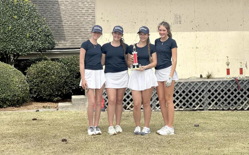 Camdyn Moon, Sophie Lavender, Lucy Johnson and Kamille Webb finished second overall at the Cougar Invitational. (Photo courtesy of Elbert County Golf)