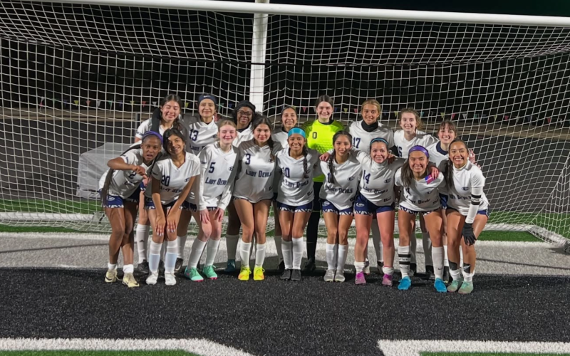 Elbert County's Lady Devils soccer team poses for a team picture after beating Franklin County on the road Feb. 24. The Lady Devils and Blue Devils soccer teams are scheduled to play Rabun County in a rescheduled game tomorrow with the Lady Devils kicking off at 5:30 and the Devils starting at 7:30. (Photo courtesy of Elbert County Lady Devils Soccer)
