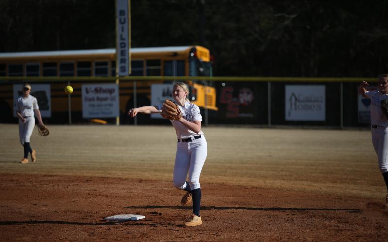 Audrey Lunsford throws to first after fielding a ground ball. (Photo by Wells)