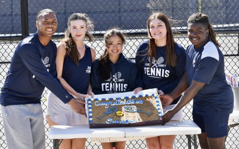 Elbert County boys and girls tennis seniors T.J. Allen, Emma Ray, Katelyn Pham, Dessie Santiago and Jasean Jenkins pose for a picture on senior night during their match against Lincoln County March 20. (Photo courtesy of Elbert County True Blue)