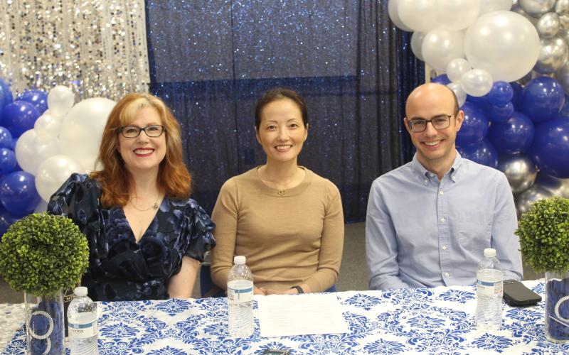 Doctors Kristina Schultz-Tanner, Fia Yi and Thomas Ward of the University Cancer and Blood Center addressed questions during the March 16 Dress in Blue Day Banquet at the Civic Center. (Photo submitted by Pam Allen)