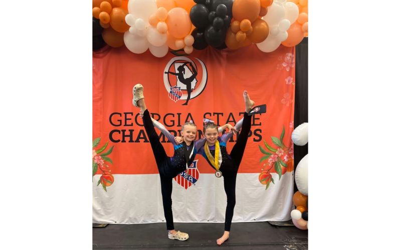 Kinsley Case (left) and Savannah Case (right) finished seventh and first respectively in the Georgia AAU Gymnastics State Championships. (Photo courtesy of Brittany Case)