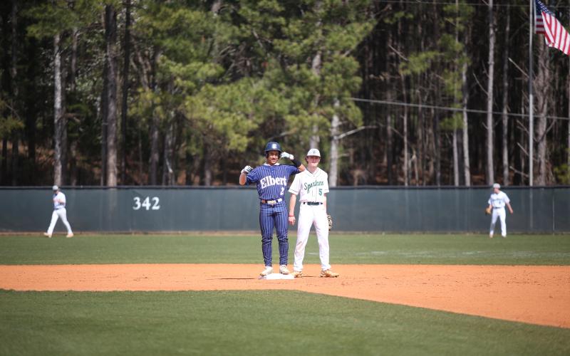 Brayden Ingram and Jose Rodriguez linked up to give Elbert the game-winning run in the final game of their series against Banks County April 11. Elbert went on to win the series over the first-place Banks squad. (File photo by Wells)