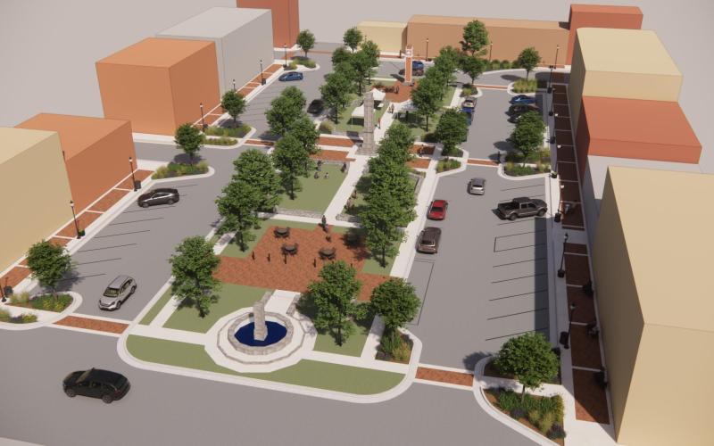 A rendering provided by Koons Environmental design shows the most recent proposal for the downtown square renovation project.