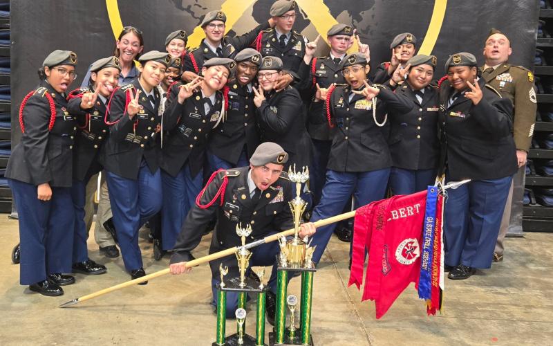Elbert County’s JROTC Drill team (above) brought home a national championship after their color guard team (below) finished first overall in the color guard event at the national competition in Daytona Beach, Florida. (Photos courtesy of ECCHS CTAE)