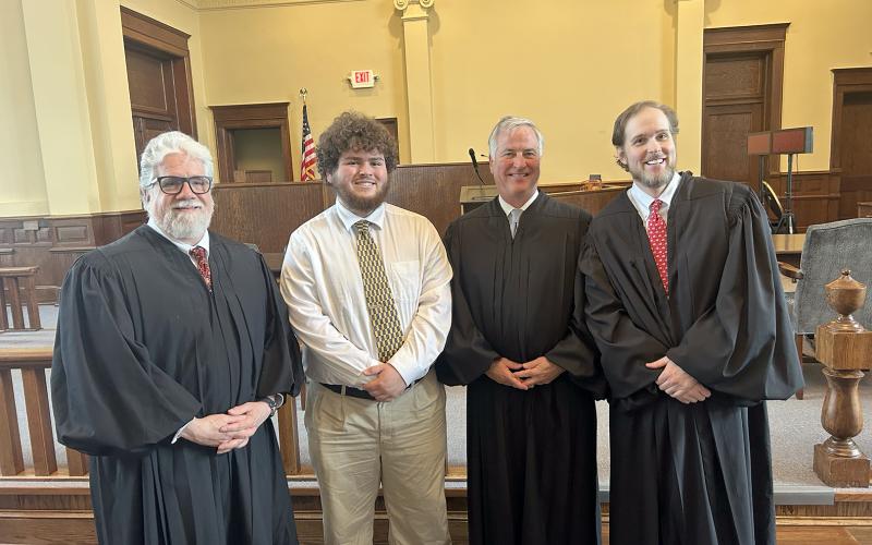Franklin County student Nathan Estrada was recognized for winning Judge Warren Caswell's annual Law Day essay contest during a special session of the Court of Appeals of Georgia at the Elberton Courthouse. Pictured after the special session are (L-R) Court of Appeals Presiding Judge Christopher J. McFadden, Estrada, Judge Kenneth Hodges III and Judge Trea Pipkin. The win was Estrada's third Law Day essay contest win in the last four years. (Photo by Wells)