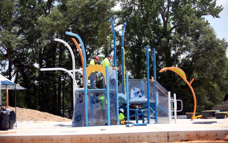 The splash pad under construction at the site formerly known as the Senior League Field off of North McIntosh Street is making progress in preparation for a grand opening, anticipated in the first-half of 2026.  (Photo by Wells)