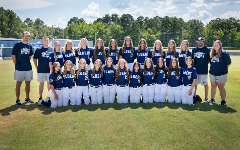 The 2025 Elbert County softball team poses before the season. The team is entering its second season under head coach Bryce Bowen. (Photo by Mercer Harris)