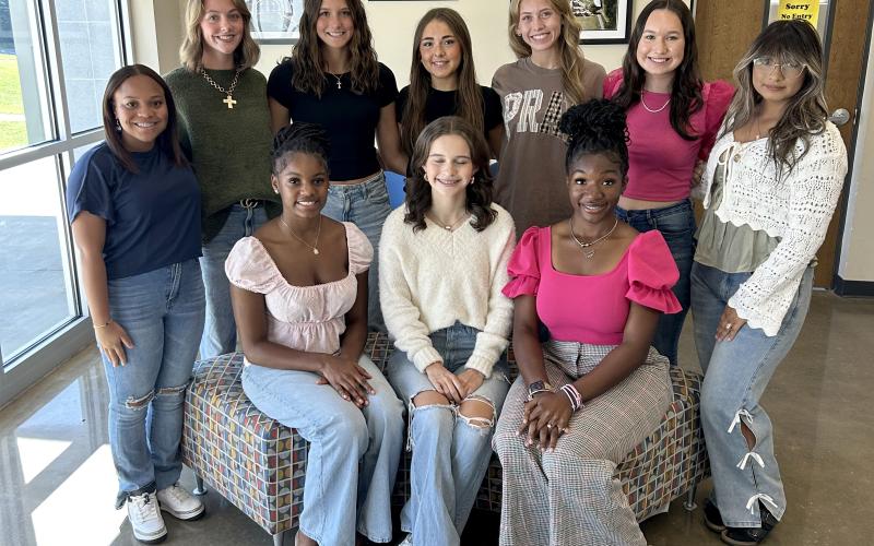 The Elbert County Comprehensive High School homecoming court for the 2025 school year includes (front row, L-R) Autumn Davis, Makayla McKnight, and Jurnee Porter and (second row, L-R) Jaslyn Huff, Camdyn Moon, Kamryn Webb, Brylie Burdette, Chloe Hunt, Gracie Kidd and Naomi Bernal. (Photo by Mark Wells)