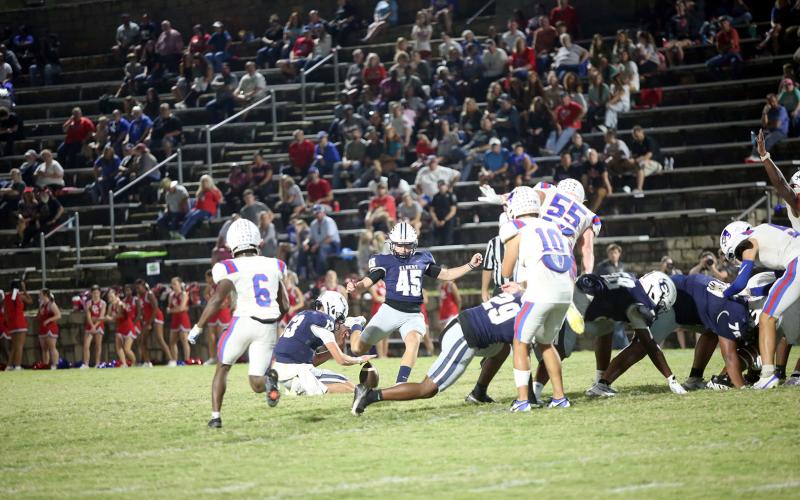 No. 45 Harrison Mathews converts a 40-yard field goal against Oglethorpe on Sept. 19. (Photo by Bo Underwood)