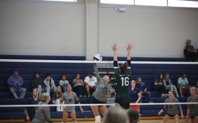 Zurina Dillard spikes the ball past a Walnut Grove player during Elbert’s match against the Lady Warriors Aug. 28. (Photo by Bo Underwood)