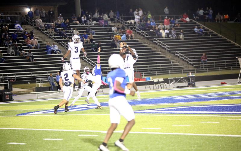 Reunte Tucker (1) gets up for an interception against Banks County on Oct. 10. (Photo by Bo Underwood)