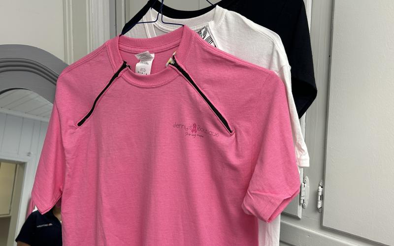 A specialized shirt for chemo treatments hangs on the rack at Jenny's Boutique, a resource for cancer patients provided by Elbert Memorial Hospital. (Photo by Mark Wells)